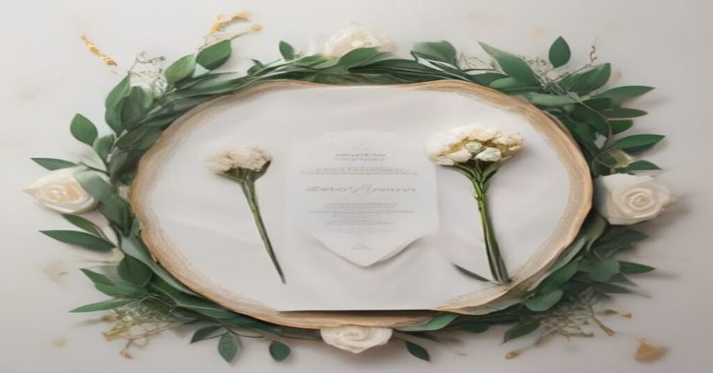A sophisticated smartphone displaying a custom digital invitation surrounded by botanical greenery.