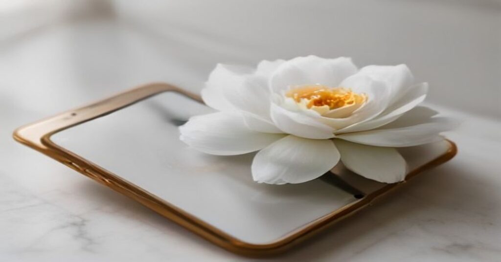 A smartphone displaying an elegant wedding invitation website next to fresh flowers and wedding rings.